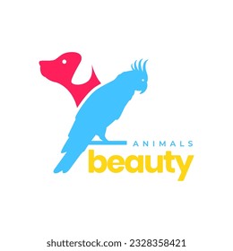 cockatoo bird and dog beauty pets colorful abstract modern mascot logo icon vector illustration