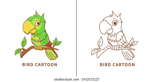 Cockatoo Bird Exotic Cartoon Vector Illustration. Parrot Mascot Logo. Kids Coloring Images Animal. Kids Drawing Bird Symbol Icon Character