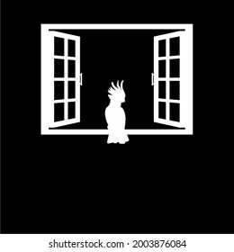 Cockatoo Bird on the Window Silhouette Illustration. Vector Illustration