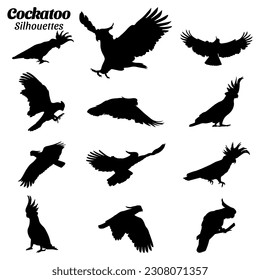 Cockatoo bird silhouettes vector illustration set.