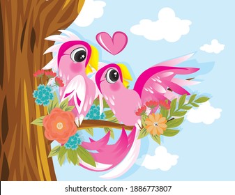 Cockatoo couple with open wings, pink parrot withs in tree. Vector for valentine's day card