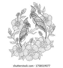 Cockatoo with flower.
Zentangle stylized cartoon isolated on white background. 
Hand drawn sketch illustration for adult coloring book. 
