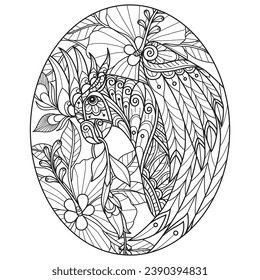 Cockatoo and hibiscus flower in egg hand drawn for adult coloring book