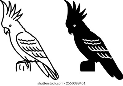 Iconos de cacatúa. Ilustración vectorial en blanco y negro. Loro tropical, pájaro. Para el diseño de libros para colorear. Concepto de animales domésticos