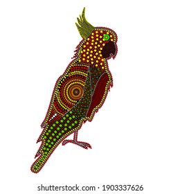 Cockatoo isolated on white background. Australia aboriginal cockatoo dot painting. Aboriginal tribal styled kakadu. Decorative ethnic style.Kakadu national park. For poster, banner.Vector illustration