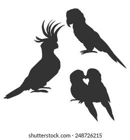 Cockatoo, macaw and lovebirds parrots silhouettes