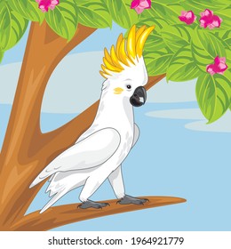 Cockatoo on a branch of a flowering tree. Vector