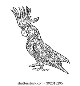 Cockatoo parrot bird coloring book for adults vector illustration. Anti-stress coloring for adult. Zentangle style. Black and white lines. Lace pattern