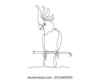 cockatoo parrot bird sitting on branch, continuous one line art hand drawing sketch, logo