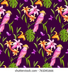 Cockatoo parrot and butterfly seamless pattern tropical background.