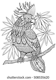 Cockatoo parrot coloring book for adults vector illustration. Anti-stress coloring for adult. Tattoo stencil. Zentangle style. Black and white lines. Lace pattern