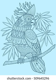 Cockatoo parrot coloring book for adults vector illustration. Anti-stress coloring for adult. Tattoo stencil. Zentangle style. Black and white lines. Lace pattern