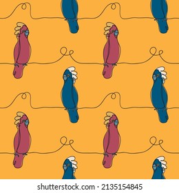 Cockatoo parrot drawing one line illustration seamless background for pattern on fabric. Parrot kakadu logo