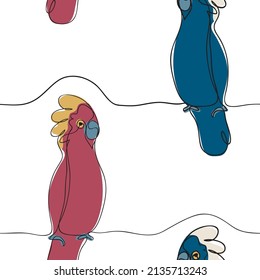 Cockatoo parrot drawing one line illustration seamless background for pattern on fabric. Parrot kakadu logo