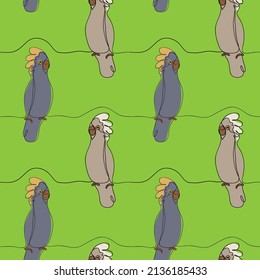 Cockatoo parrot drawing one line illustration seamless green background for pattern on fabric. Parrot kakadu logo