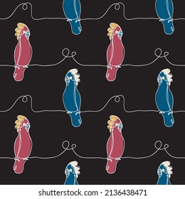 Cockatoo parrot drawing one line illustration seamless black background for pattern on fabric. Parrot kakadu logo