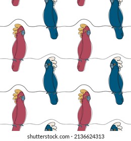 Cockatoo parrot drawing one line illustration seamless background for pattern on fabric. Parrot kakadu logo