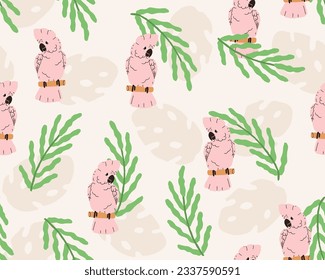 Cockatoo parrot and leaves, seamless pattern. Endless tropical background, texture design. Pink-feathered bird in jungle, repeating print. Exotic flat vector illustration for fabric, textile, wrapping