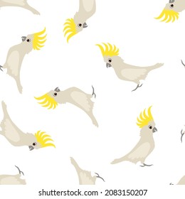Cockatoo parrot seamless pattern. Vector cartoon flat illustration. Australian birds background.