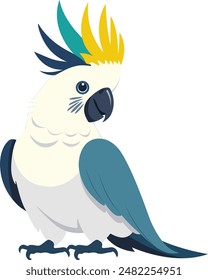 Cockatoo parrot vector. Birds of Amazonian forests in flat design illustration. Fauna of South America. Colorful cockatoo parrot for icons, posters, children's books illustrating. Isolated on white.