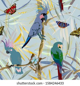 Cockatoo parrots , butterflies and exotic tropical palm leaves vector illustration. Picture with gold, blue and green colors and light aquamarine background. Endless pattern. EPS 10