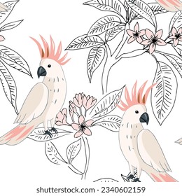 Cockatoo parrots, plumeria flowers, white background. Vector floral seamless pattern. Tropical illustration. Exotic plants, birds. Summer beach design. Paradise nature