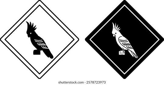 Cockatoo Road Signs. Black and White Vector Icons. Parrot, Bird. Road Sign Warning about Animal Crossing. Zoo Sticker