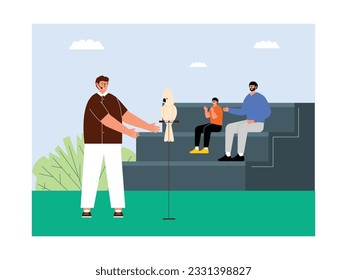 Cockatoo show guided by animal handler, visitors enjoy and happy, zoo vector illustration.