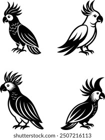 A "Cockatoo Silhouette Vector Illustration" is a simple yet striking design featuring the outline of a cockatoo. It captures the bird's distinctive crest and body shape in a minimalist style, making 