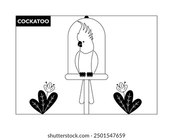 Cockatoo sitting on wood, black and white, outline, birds vector illustration.