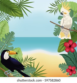 cockatoo and toucan leaves tropical beach