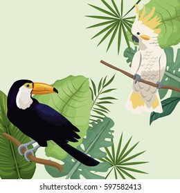 cockatoo and toucan leaves tropical poster