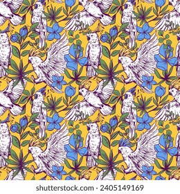 Cockatoo, tropical bird, parrot. Seamless pattern design, vector illustrations, sketches. 