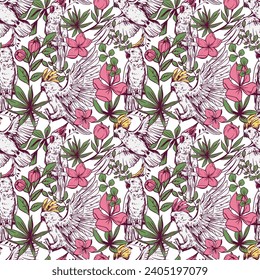 Cockatoo, tropical bird, parrot. Seamless pattern design, vector illustrations, sketches. 