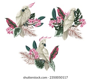 Cockatoo, hojas tropicales y flores aisladas. Vector