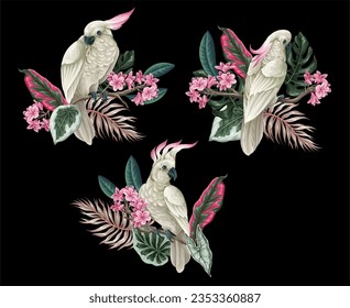 Cockatoo, hojas tropicales y flores aisladas. Vector