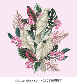 Cockatoo, tropical leaves and flowers isolated. Vector