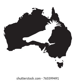 Cockatoo white silhouette of an Australian animal on black silhouette of map of australia