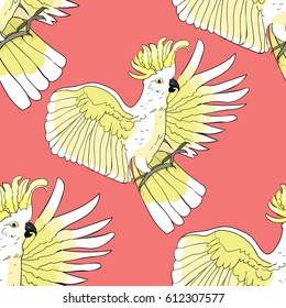 Cockatoo yellow white wings flying on pink  Seamless pattern Vector illustration