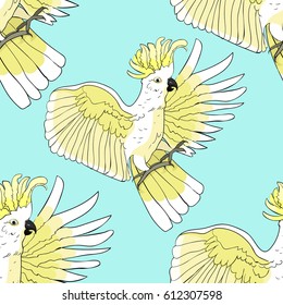 Cockatoo yellow  wings flying on the sky  Seamless pattern Vector illustration