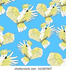 Cockatoo yellow  wings flying on blue  Seamless pattern Vector illustration