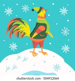 Cock.Cartoon cock in winter clothes. The symbol of the new year.