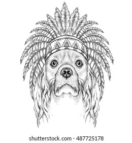 Cocker in the colored Indian roach. Indian feather headdress of eagle. Hand draw vector  illustration