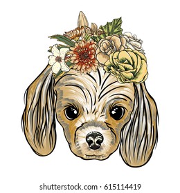 Cocker Spanie puppy in the exotic flower roses wreath crown. Tattoo or T - shirt dress poster boho Chic dog portrait concept. Fashion illustration. Hand drawn domestic dog vector.