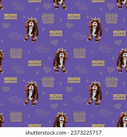 cocker spaniel birthday pattern. Happy Birthday Pattern with dogs in a party hat, cake, seamless Holiday background with birthday-related icons. Repeatable tiles, wrapping paper, art deco wallpaper