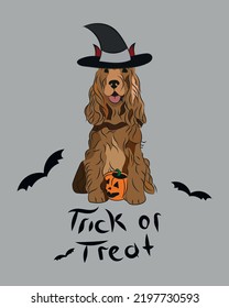 Cocker Spaniel breed, dog pedigree drawing. Cute dog characters in various poses designs for prints, adorable and cute Halloween cartoon Spaniel in hat