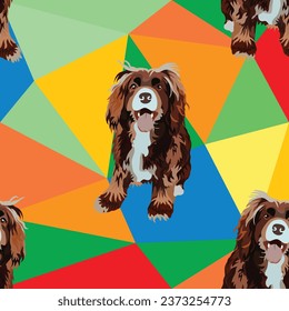 Cocker spaniel Breed dogs on a mosaic geometric background. Warm palette colors, vibrant colors palette. Simple, clean, modern texture. Geometric, polygon style. Summer seamless geometric.
