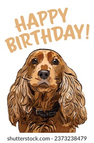 Cocker spaniel Breed Happy birthday card. Card with a dog and text, holiday design. Present for a dog lover. Funny cartoon dog breed illustration. Minimalistic birthday card with spaniel. Fun present