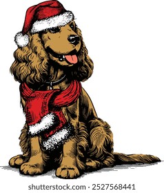 Cocker Spaniel breed in red hat of Santa Claus, Funny Christmas Dog, Dog Christmas Winter Holiday , Cute Christmas Dog