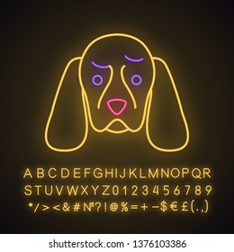 Cocker Spaniel cute kawaii neon light character. Dog with frowning muzzle. Astonished sad animal. Funny emoji, emoticon. Glowing icon with alphabet, numbers, symbols. Vector isolated illustration